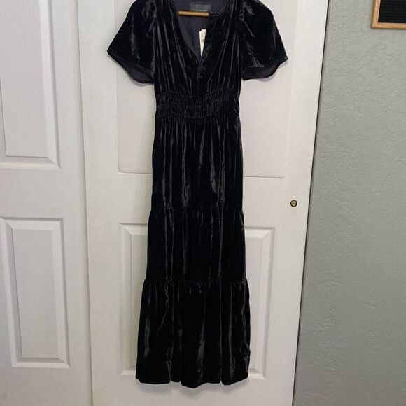 NWT Anthropologie Somerset Gray Tiered v neck velvet maxi dress XXS - Picture 13 of 14